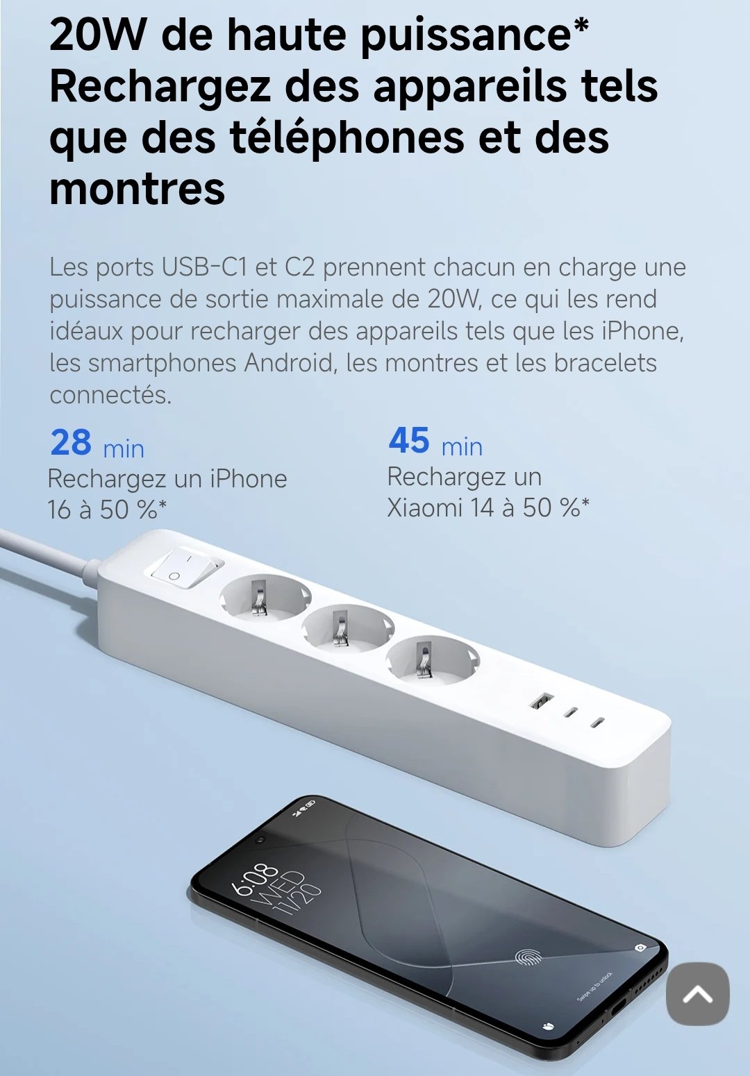 Xiaomi 20W Power Strip | 3 Prises | USB-C | USB-A | 20W – Image 3